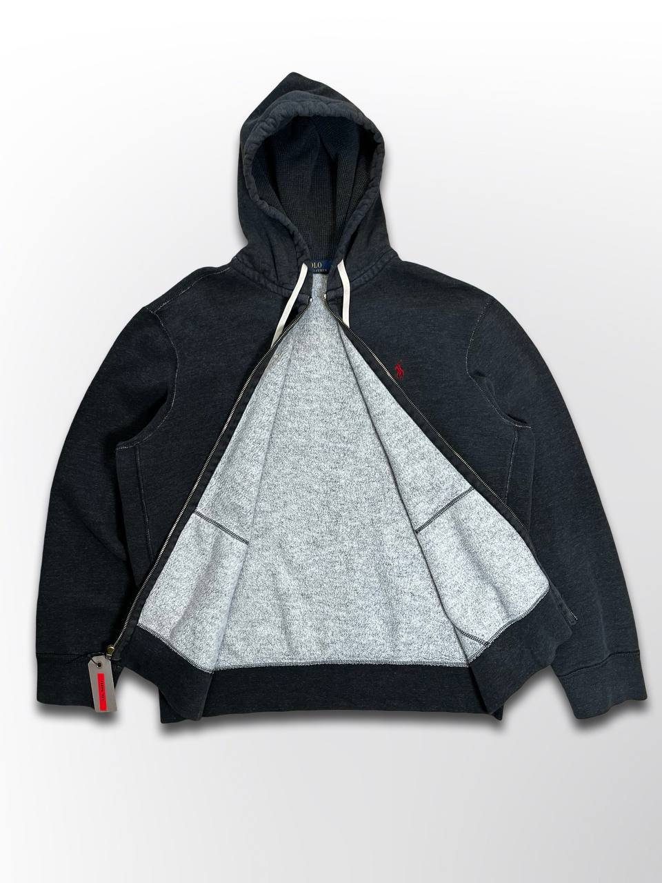 Brugt Vintage Zip-Up Hoodie Hættetrøje Polo Ralph Lauren i Grå farve med den Røde Hest i XL herre Stockholm style