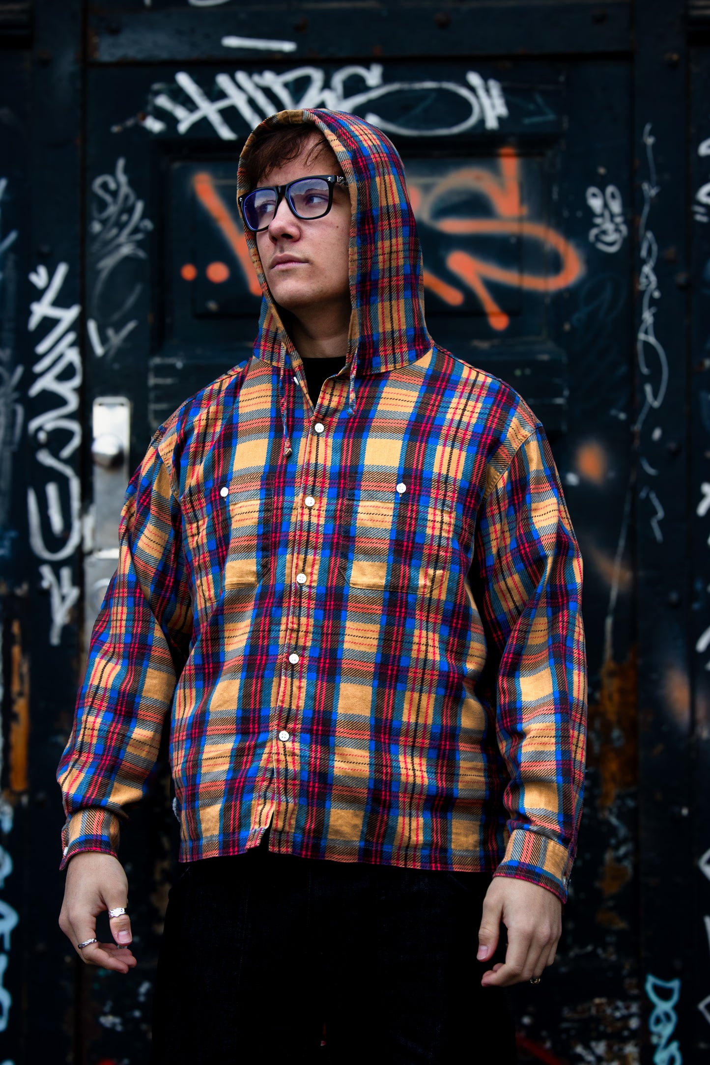 Supreme Plaid Hooded Shirt – Beige / Blå / Rød Str. M
