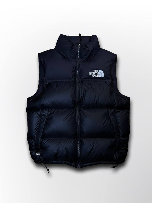 Puffer varm dynvest vintervest fra The North Face 700 med Goose Down insulation hætte og elastik i bunden i sort M medium herre mænd