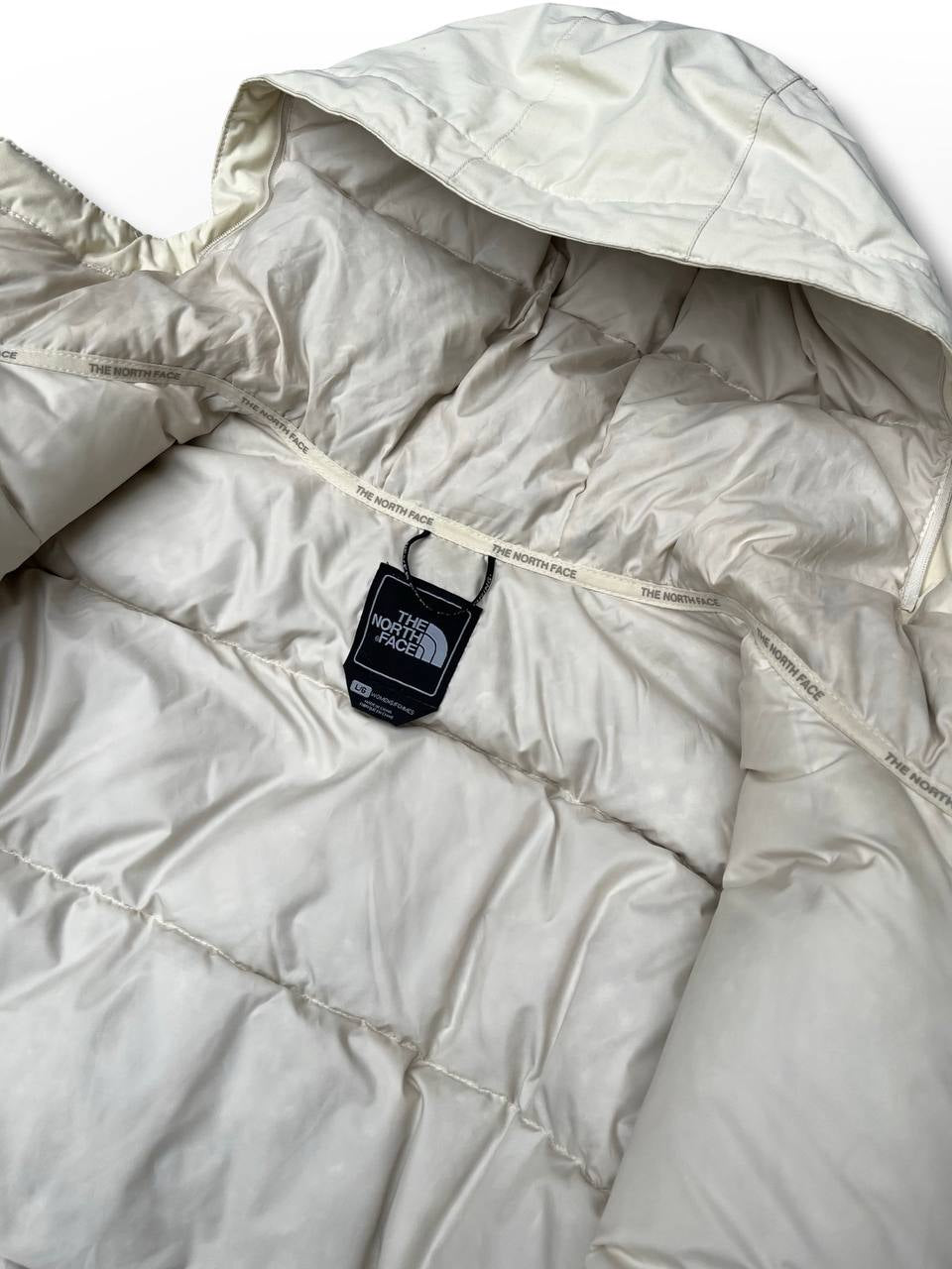 Brugt Used Vintage Vinterjakke Skijakke Hvid The North Face puffer dynjakke med Bælte og hætte kvinde dame model L large
