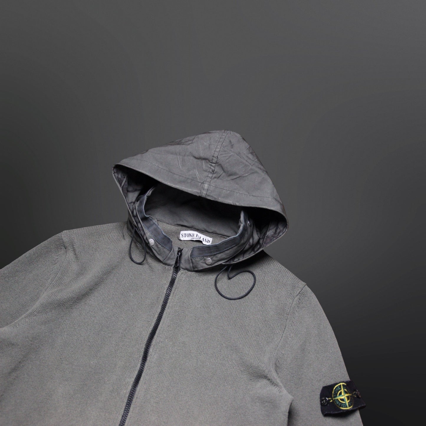 Stone Island Vintage Zip Cardigan med skjult hætte – grå XL