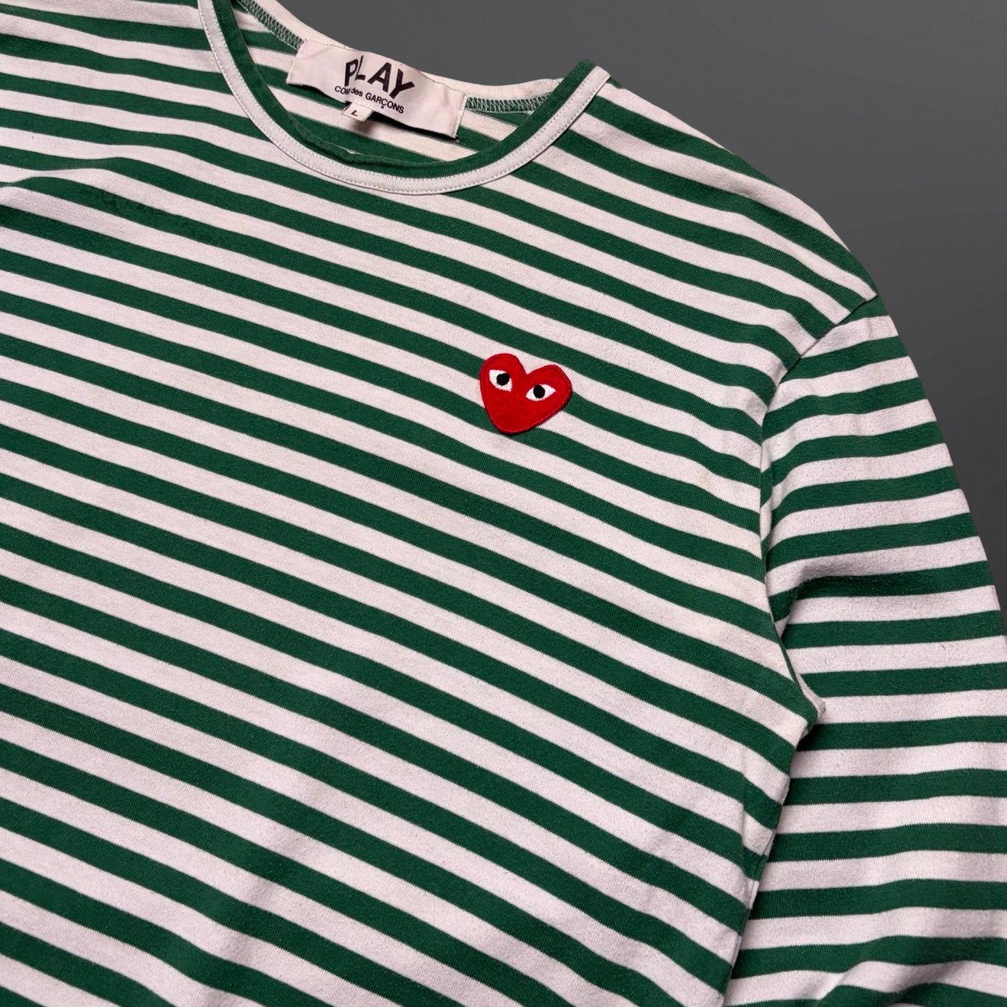 Comme des Garçons PLAY Striped Longsleeve – Green/White – Large (dame L Large / herre S-M)