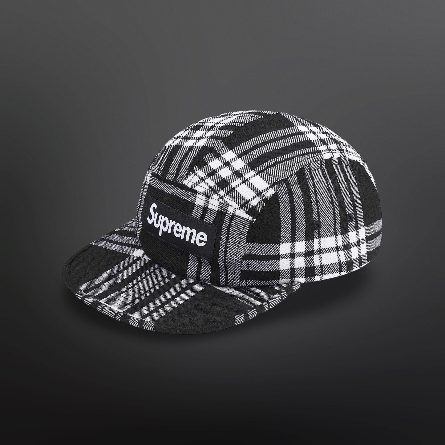 Supreme Plaid Camp Cap – Black / White Brand New