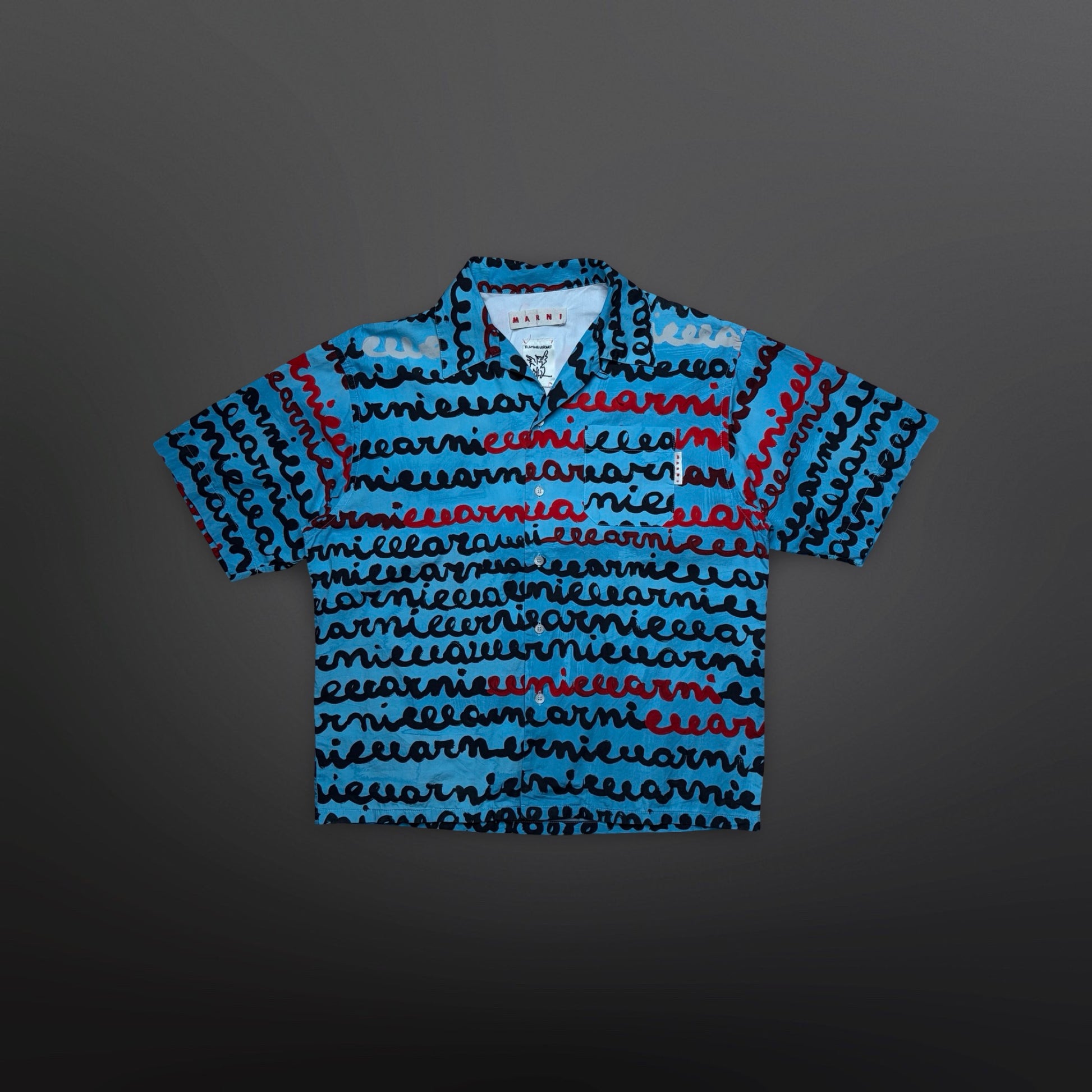 Marni Short Sleeve Shirt – Turquoise Script Print (Str. 46)