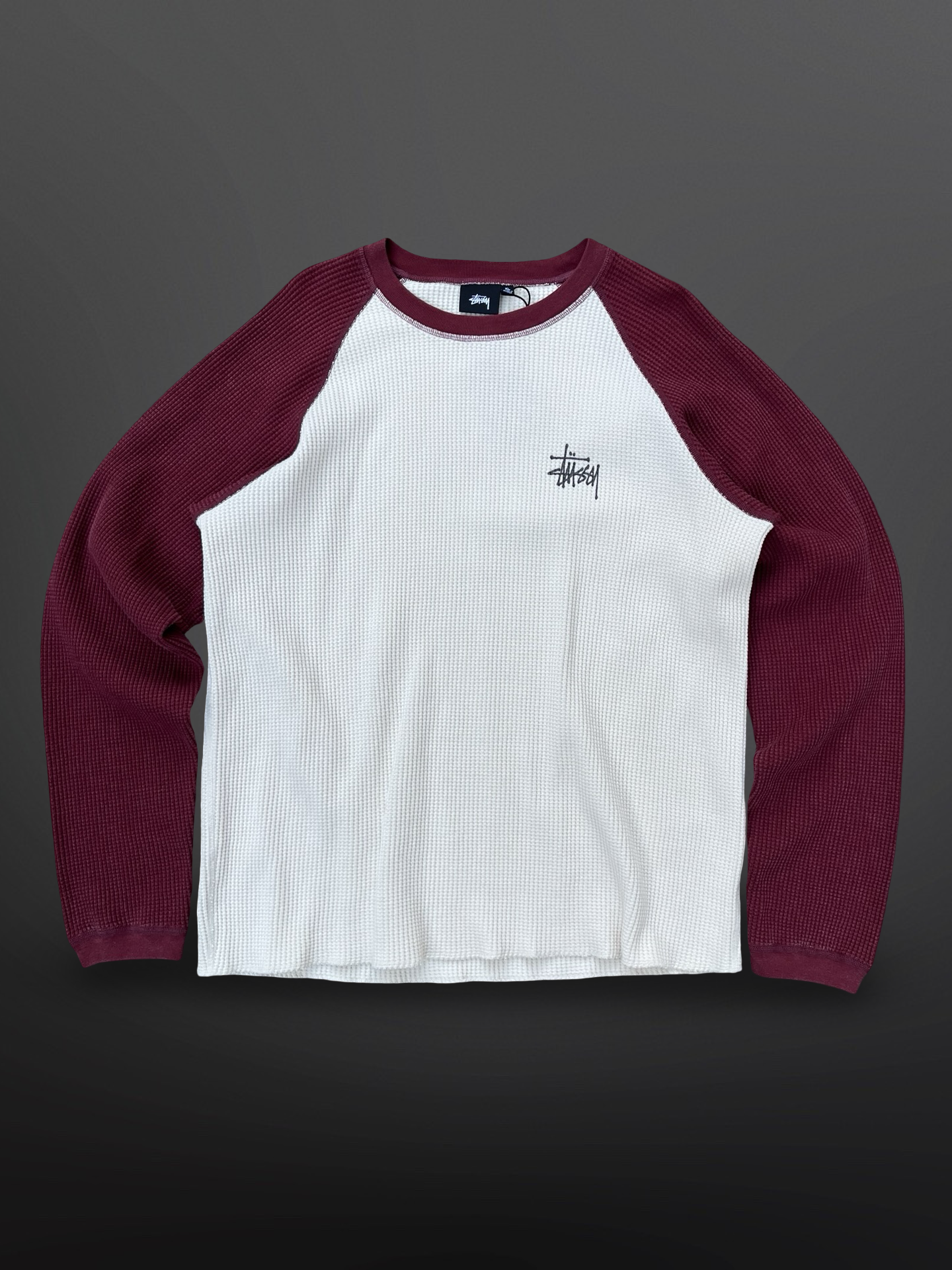 Stussy Sweatshirt Basic Thermal 2 Tone – Off White Burgundy – Str. XL – Helt Ny med Tags