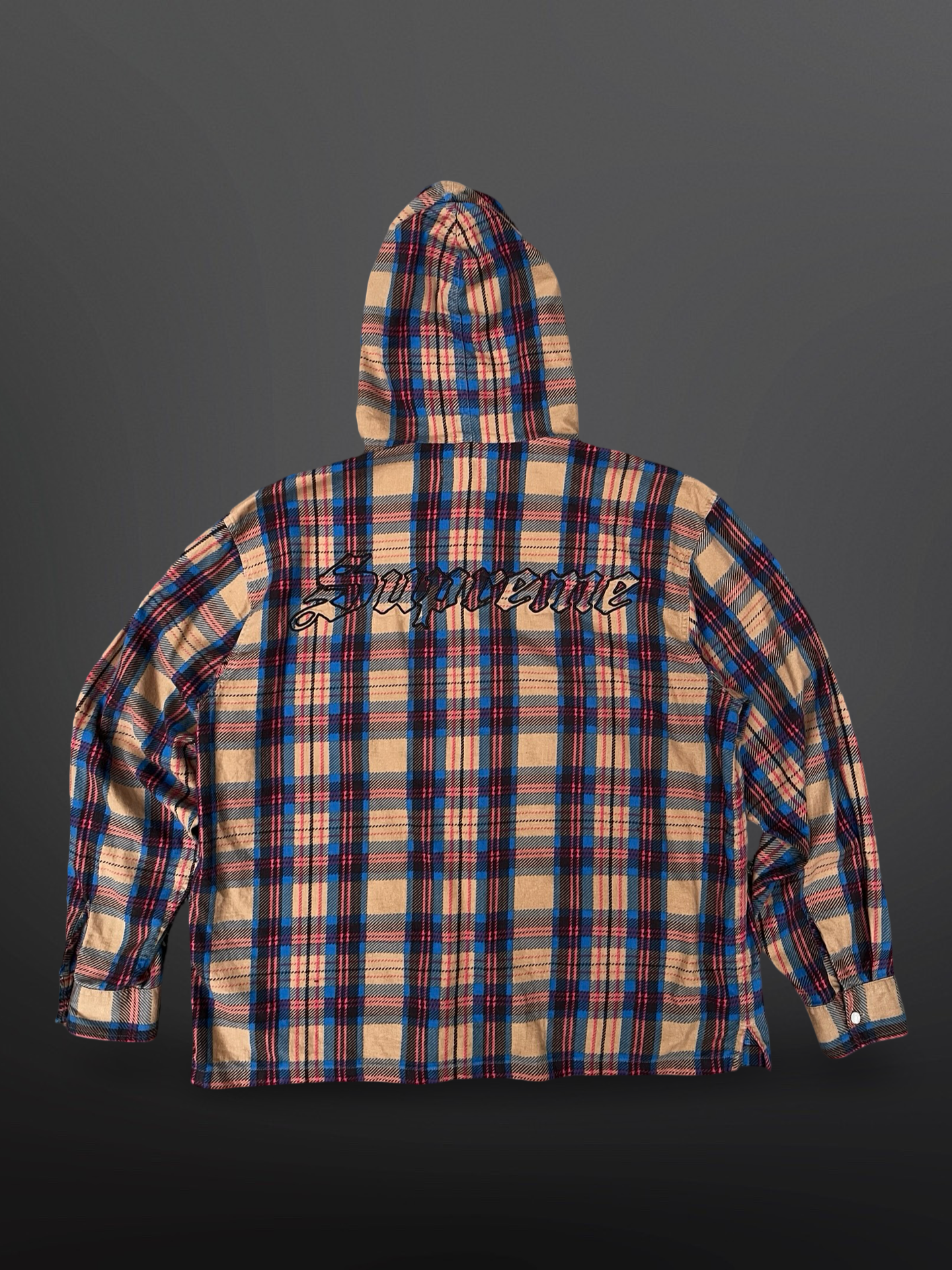 Supreme Plaid Hooded Shirt – Beige / Blå / Rød Str. M