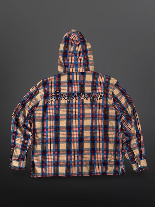 Supreme Plaid Hooded Shirt – Beige / Blå / Rød Str. M