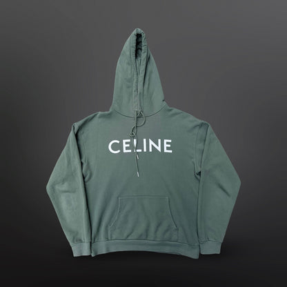 Celine hoodie i støvet grøn med hvidt logo – Small, passer herre Medium