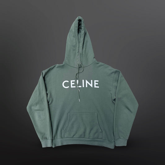 Celine hoodie i støvet grøn med hvidt logo – Small, passer herre Medium