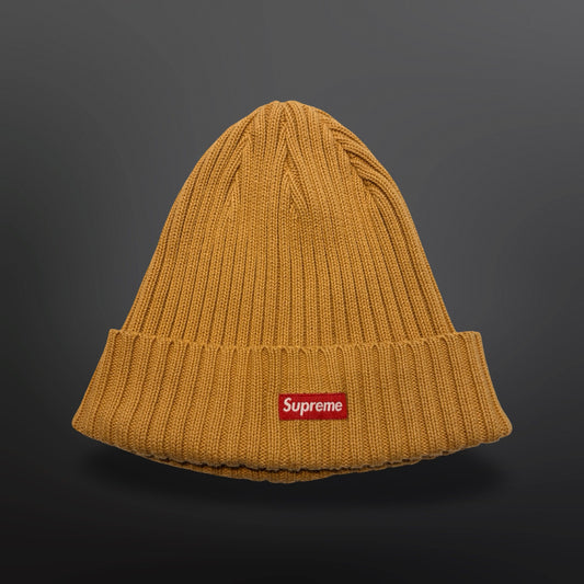 Sennepsgul Supreme-hue i ribstrik med bredt ombuk og rødt Box Logo